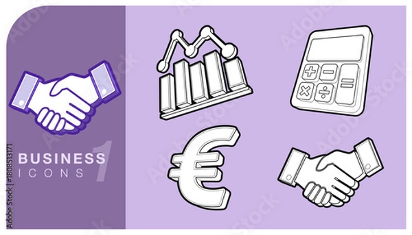 Fototapeta Collection of business finance and calculations icons including a handshake, financial graph, the Euro currency and calculator. These icons represent key business and financial concepts. Vector EPS.