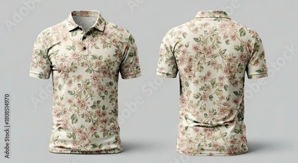 Fototapeta Men's polo shirt mockup featuring a vintage floral rose pattern design on beige background with front and back views for apparel branding concepts.