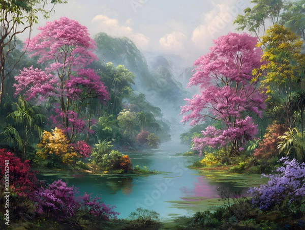 Obraz A serene river flowing through a lush forest with colorful trees and plants
