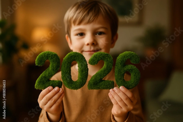 Obraz Happy child holding 2026 made of moss renewable new year concept for an eco friendly future