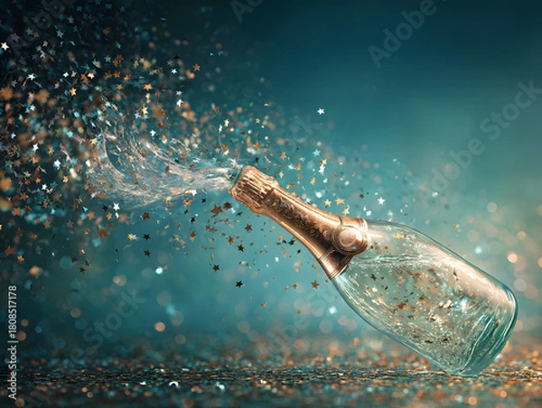 Obraz Champagne bottle exploding with glitter and confetti against a blue backdrop