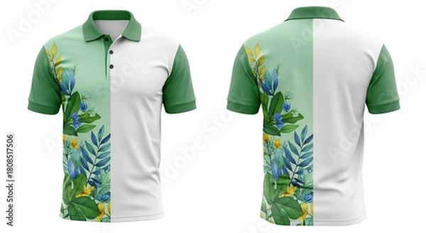 Fototapeta Men's polo shirt mockup with vertical split design featuring tropical botanical leaves on one side and solid white on the other front and back view.