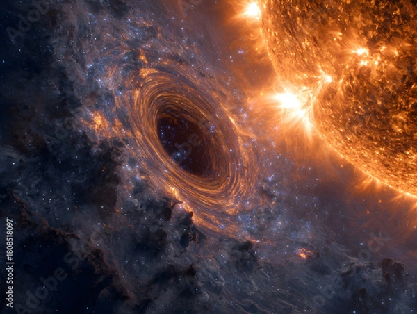 Obraz Celestial dance a black hole and a star locked in a fiery cosmic ballet