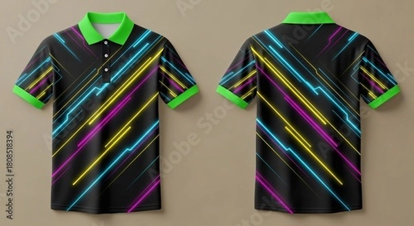 Fototapeta Realistic men's polo shirt mockup with ornamental mandala teal and gold pattern on a gradient beige background showing front and back view.