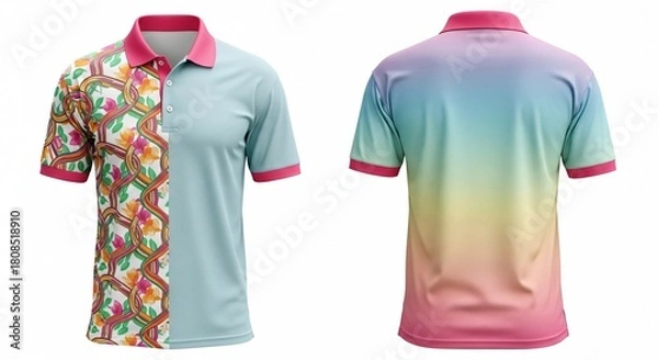 Fototapeta Men's polo shirt mockup featuring soft light blue and white ombre gradient fade design showing front and back view isolated.