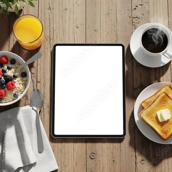 Fototapeta Tablet Mockup on Breakfast Table with Coffee, Juice, and Toast