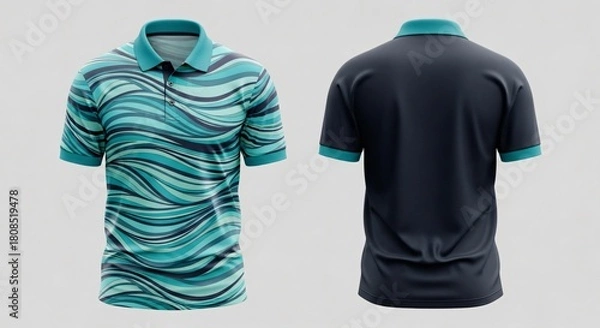 Fototapeta Realistic men's polo shirt mockup with all-over watercolor tropical leaves print on front and solid sage green back view isolated.