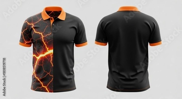 Fototapeta Realistic men's polo shirt mockup featuring creative blue dripping paint or melting slime graphic on white fabric front and back view isolated.