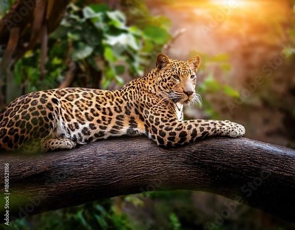 Fototapeta Leopard Lounging: A majestic feline rests peacefully on a tree branch, sunlight dappling through the leaves above, wild and serene.