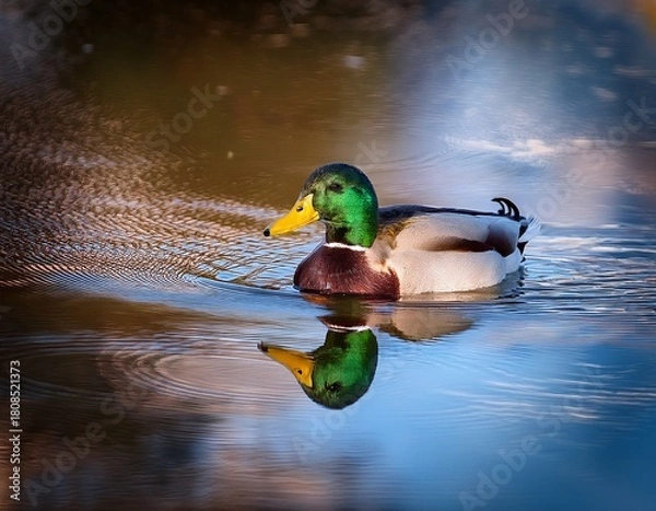 Obraz Serene Reflection: A Mallard Duck Glides on the Calm Water, Mirroring its Vibrant Plumage in the Lake's Tranquil Surface