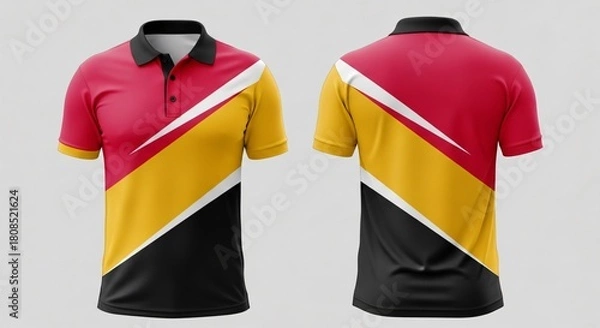 Fototapeta Men's polo shirt mockup featuring abstract flame speed graphic in purple, pink, and orange and a matching gradient color back view isolated.