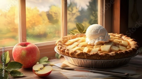 Obraz A rustic scene of freshly baked apple pie cooling by the window, with a scoop of vanilla ice cream melting on top