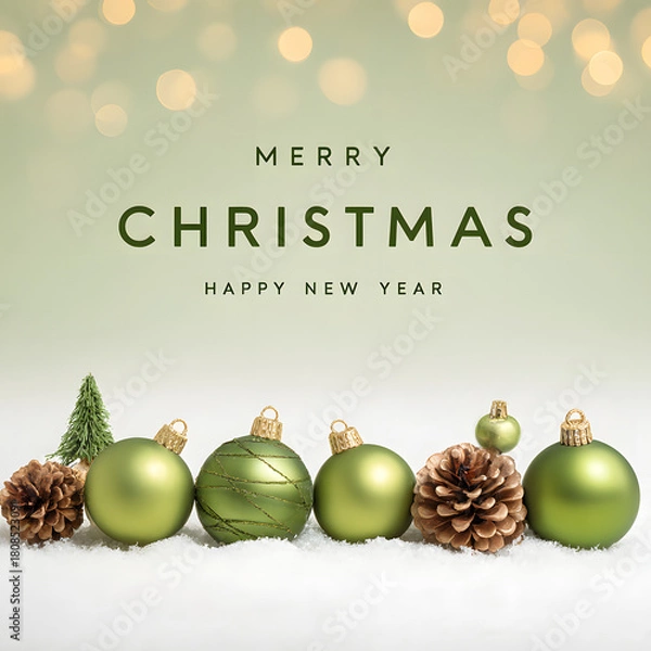 Obraz Christmas ornaments and pinecones on snow with bokeh lights background