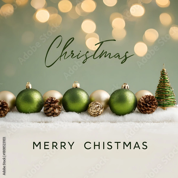 Obraz Christmas ornaments and pinecones arranged on a snowy surface with bokeh lights