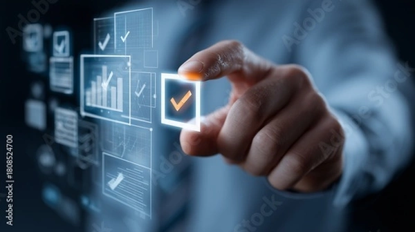Fototapeta High resolution image of a hand pressing a digital approval button on a touch screen, surrounded by check marks and floating graphs.