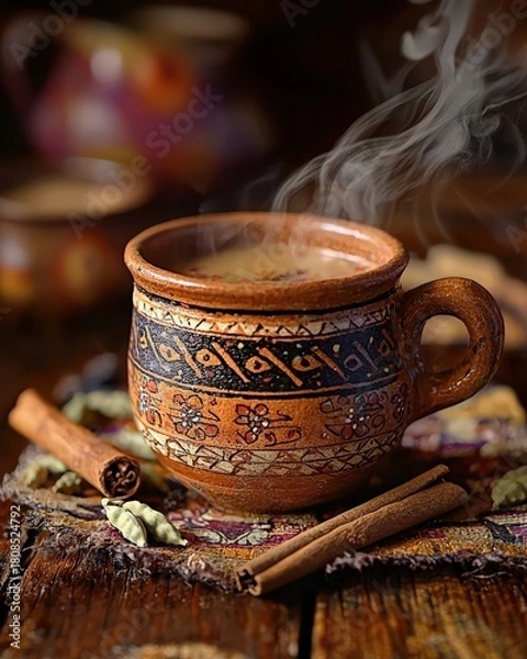 Obraz A steaming cup of chai tea served in a traditional clay cup with spices like cinnamon and cardamom scattered nearby