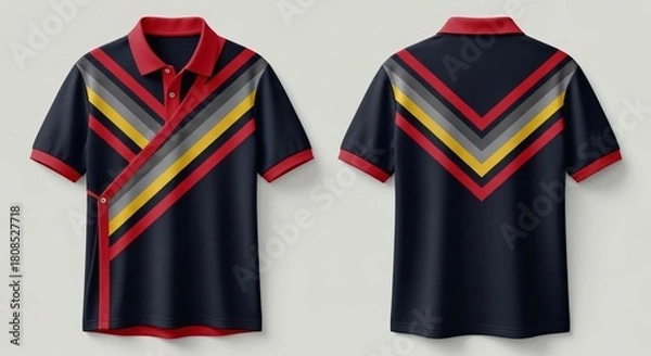 Fototapeta Realistic men's polo shirt mockup featuring dynamic chevron V-shape stripe graphic in red, yellow, and grey on a navy blue base showing front and back view.