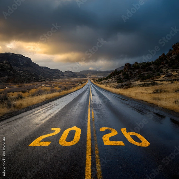 Obraz A road to 2026 with mountains and a dramatic sky in the background