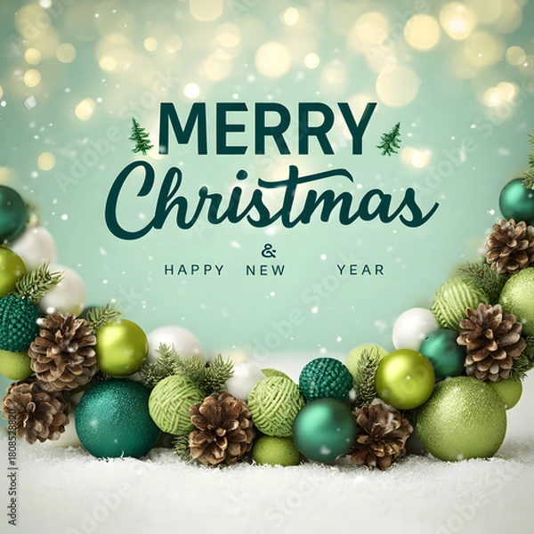 Obraz Festive christmas ornaments and pine cones with merry christmas wishes