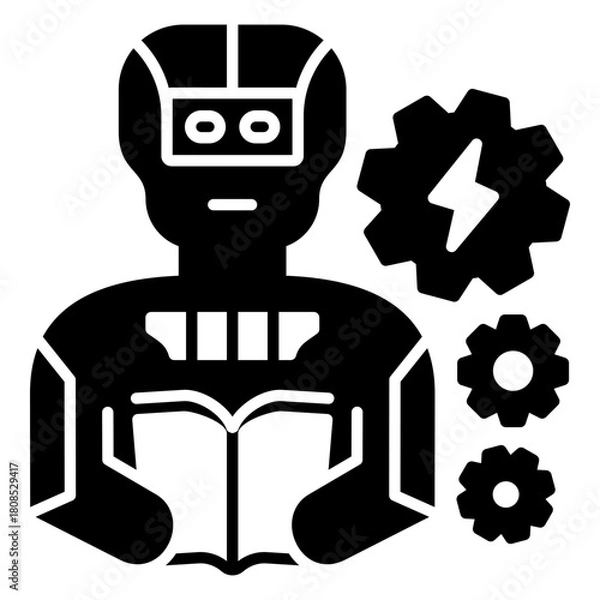 Obraz Machine Learning and Knowledge Acquisition Glyph  Icon. Robot Studying a Book with Power-Driven Gears - Concept for Deep Learning, Mechanical Innovation, and Algorithmic Training.