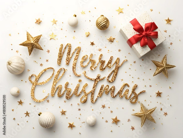 Obraz Golden merry christmas message with gift and star ornaments isolated on white background