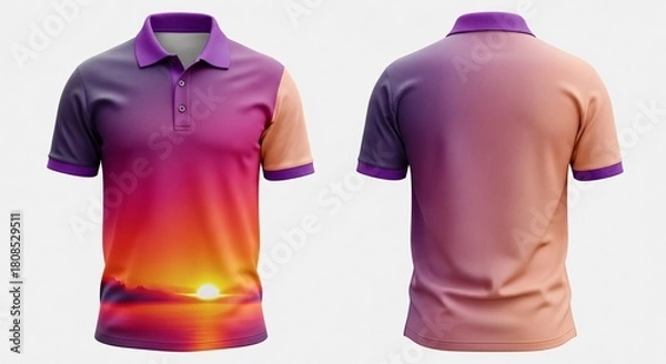 Fototapeta Digital sublimation polo t-shirt mockup, vibrant photo realistic ocean sunset view pattern design, blending orange pink and purple gradient, stylish summer vacation apparel.