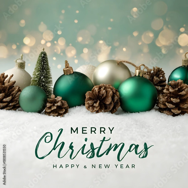 Obraz Festive christmas ornaments and pine cones on snow with bokeh lights background