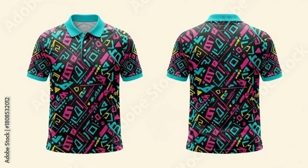 Fototapeta Realistic men's polo shirt mockup featuring checkered flag racing pattern with red accents on a black and grey gradient front and back view.