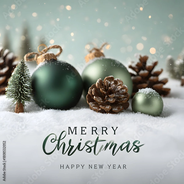 Obraz Christmas ornaments and pine cones on snow with bokeh lights for new year card
