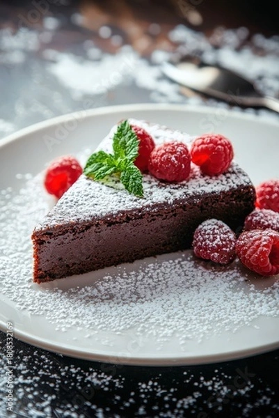 Obraz A decadent chocolate cake with glossy ganache, fresh raspberries, and powdered sugar on top