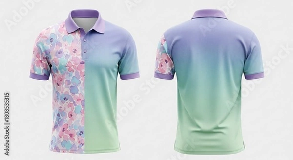 Fototapeta Men's polo shirt mockup featuring split vertical design with pink floral print and pastel purple to green gradient front and back view.