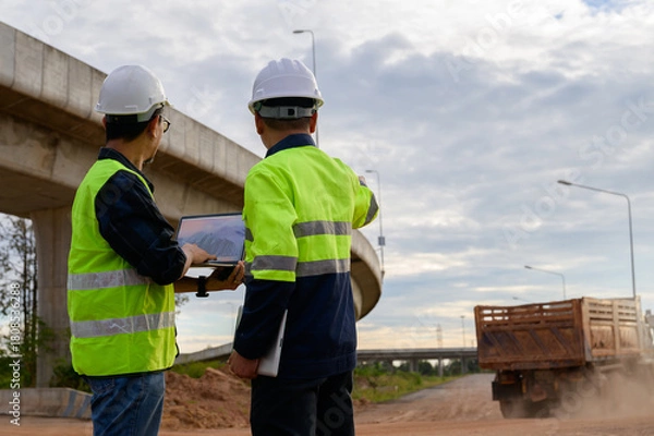 Fototapeta Civil engineers reviewing plans on laptop and supervising road construction while monitoring dump truck movement at infrastructure site.