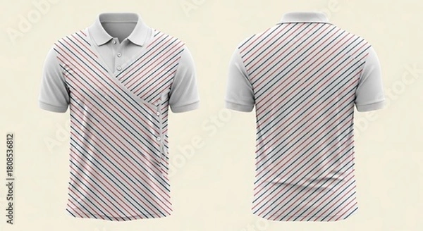 Fototapeta Realistic men's polo shirt mockup featuring geometric diagonal stripes pattern on a white base showing front and back view isolated.