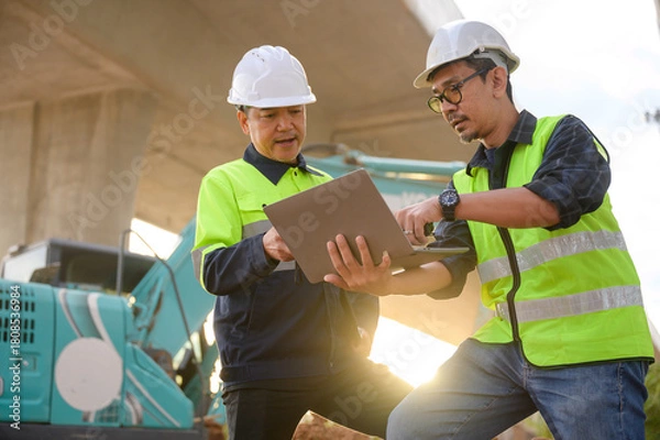Obraz Civil engineers reviewing construction plans on laptop while supervising road construction work, coordinating field operations and inspecting elevated highway infrastructure.