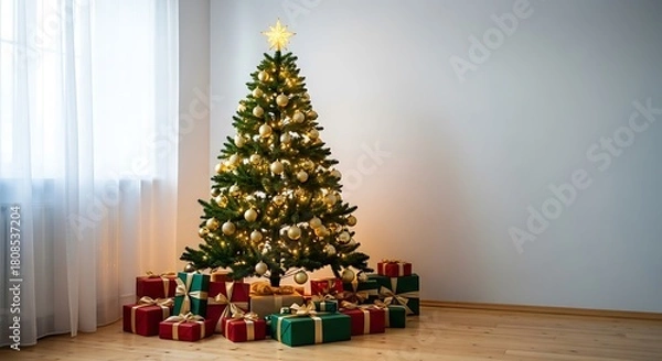 Obraz Festive pine tree adorned with golden baubles and lights standing over colorful presents in a sunlit living space