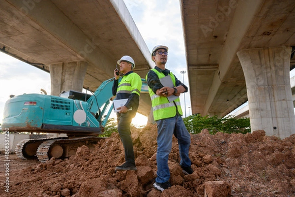 Fototapeta Construction engineers communicate with radios at road construction site. Inspect structure, supervise new infrastructure work, civil engineer outdoor at Thailand Asia construction site.