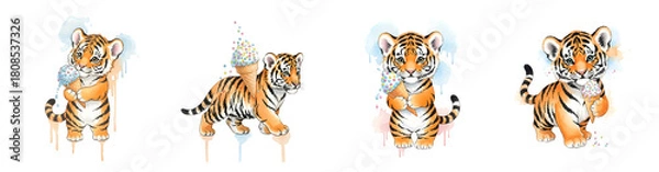Obraz Four adorable tiger cubs each holding and eating ice cream cones with colorful sprinkles and drips transparent background