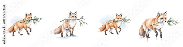Obraz Four Illustrations Of A Red Fox Carrying A Snow Covered Branch In Its Mouth Against A Transparent Background Isolate