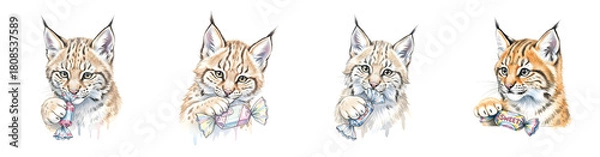 Obraz Four Lynx Cubs Holding And Chewing Wrapped Candy Pieces On A Transparent Background Transparent Background