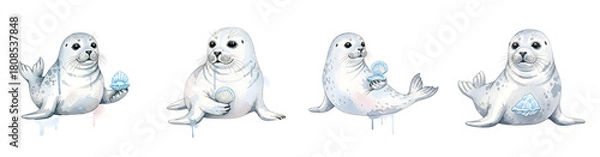 Obraz Four white baby seals holding shells and ice fragments white seal harp seal transparent background