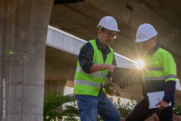 Obraz Civil engineers reviewing construction plans on laptop at infrastructure site, supervising road construction and coordinating field operations.