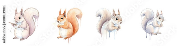 Obraz Four watercolor squirrels one painting one holding nut two white isolate