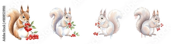 Obraz Four watercolor squirrels two brown two white holding red berries isolate