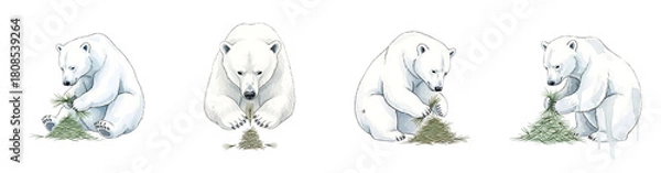 Obraz Four polar bear poses manipulating pine branches isolate arctic animal