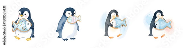 Obraz Four whimsical watercolor penguins holding or eating fish shaped cookies isolate