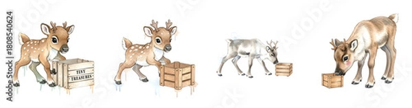 Obraz Four Adorable Deer And Reindeer Fawns Interact With Wooden Crates Isolated On A Transparent Background Transparent Background
