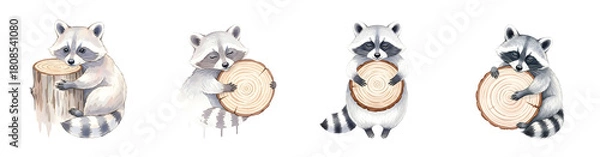 Obraz Four watercolor raccoons interacting with wooden elements isolate wildlife