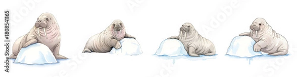 Obraz Four walruses resting on ice floes in a polar environment isolated arctic