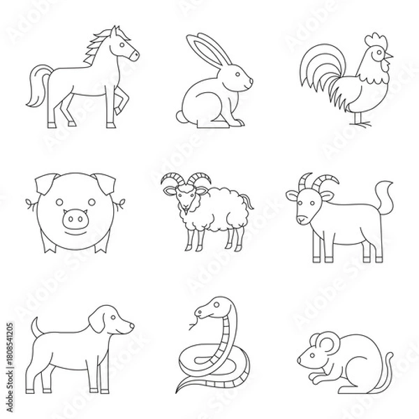 Fototapeta Black Outline Chinese Zodiac Animals Vector Collection. Horse, Rabbit, Rooster, Pig, Sheep, Goat, Dog, Snake, Mouse. Minimal Line Art