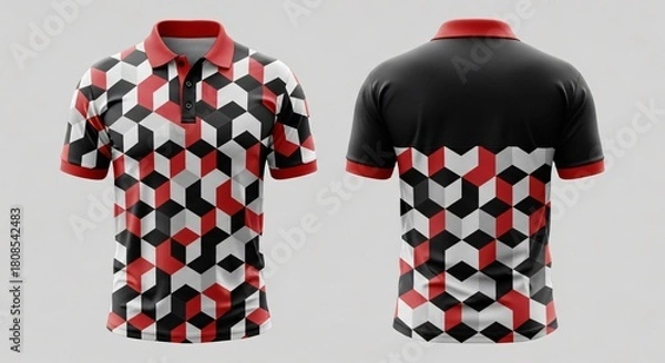 Fototapeta Digital sublimation polo t-shirt mockup, geometric isometric cube pattern design in red white and black, abstract sporty athletic team jersey apparel template.